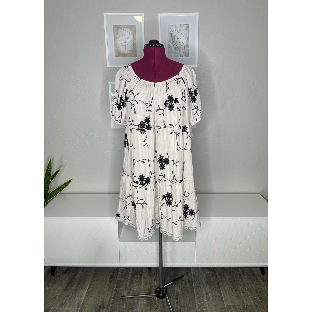 Kindred Mini Dress Womens 3X Cream Black Floral Embroidered Tiered Lace Trim NEW